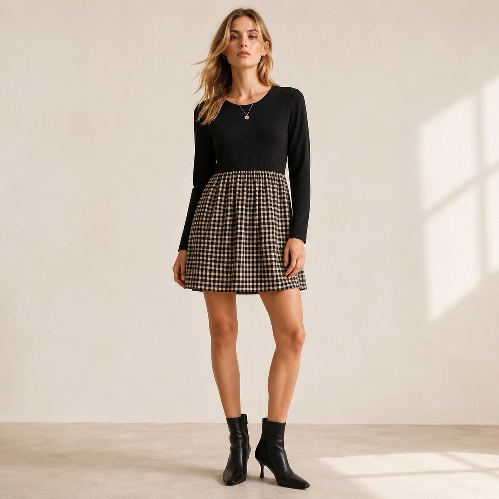 J. Jill Women XS Petite Mixed Media Gingham Dress Black Long Sleeve Casual